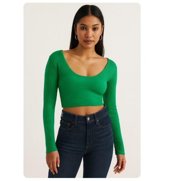 Superdown SZ M Kelly Green Ribbed Long Sleeve Sweater With Open Tie Back - Picture 1 of 7